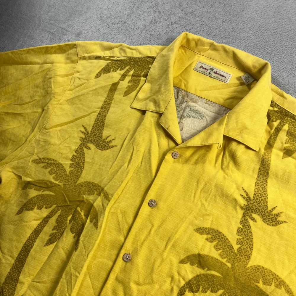 Tommy Bahama Mens XL Yellow Silk Palm Tree Hula Girl Tropical Camp Shirt